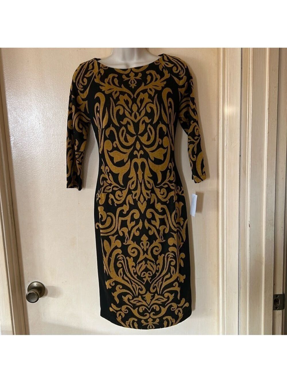 Rabbit Rabbit Rabbit black and gold poly blend knit dress size 4 NWT